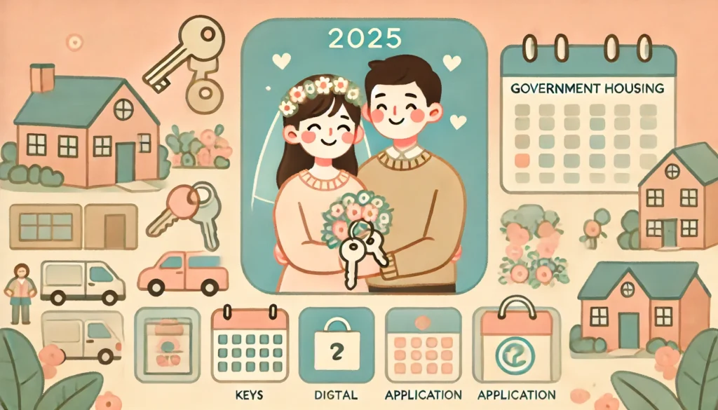 2025년 신혼부부 주거비 지원금 총정리 (신청방법·자격조건·꿀팁) 1 2025년 신혼부부 주거비 지원금 혜택을 받고 행복해하는 신혼부부를 표현한 따뜻하고 친근한 직사각형 일러스트 이미지입니다. 집 열쇠, 주택 아이콘, 디지털 신청서, 캘린더 등 정부 주거지원 정책을 상징하는 다양한 요소가 부드럽고 따뜻한 파스텔 톤(베이지, 크림, 블루, 그린)의 색상으로 표현되어 있으며, 밝게 웃고 있는 젊은 부부의 모습이 안정적이고 행복한 분위기를 전달합니다.