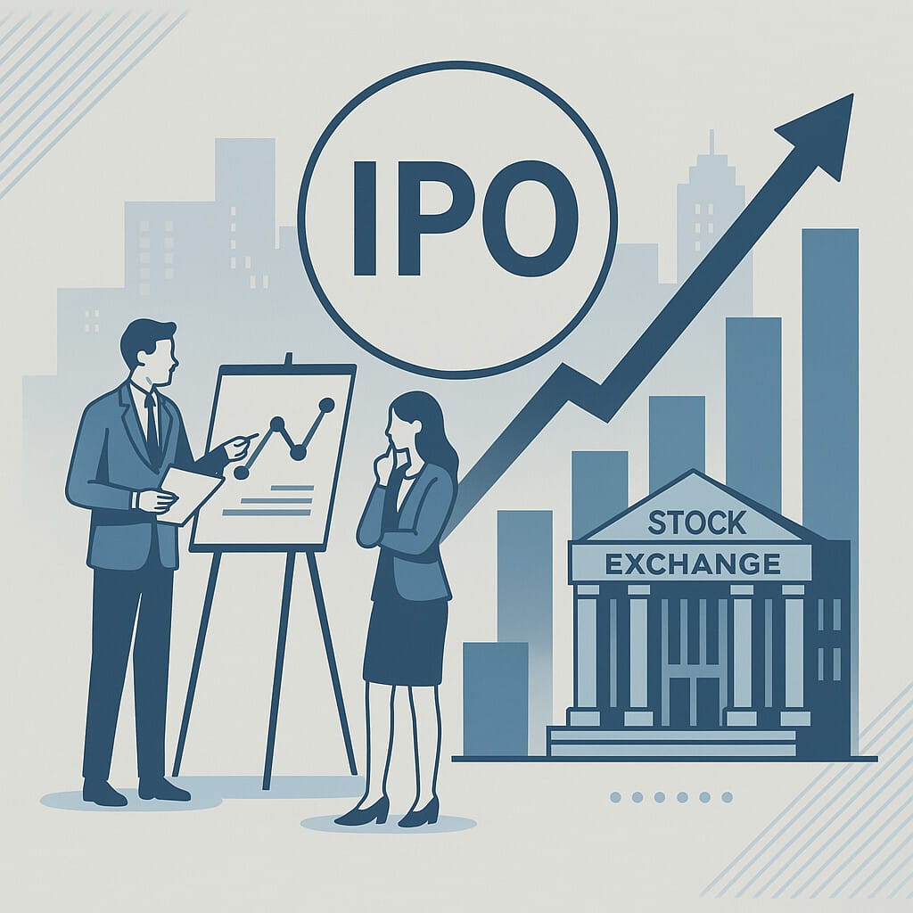 IPO부터 특례 상장까지, 주식 투자자가 꼭 알아야 할 상장 가이드 1 IPO 주식 투자 개념을 설명하는 플랫 스타일 인포그래픽, 블루톤 배경 위에 차트를 분석하는 캐릭터와 증권 빌딩 아이콘, 주가 상승을 나타내는 화살표가 포함된 구성