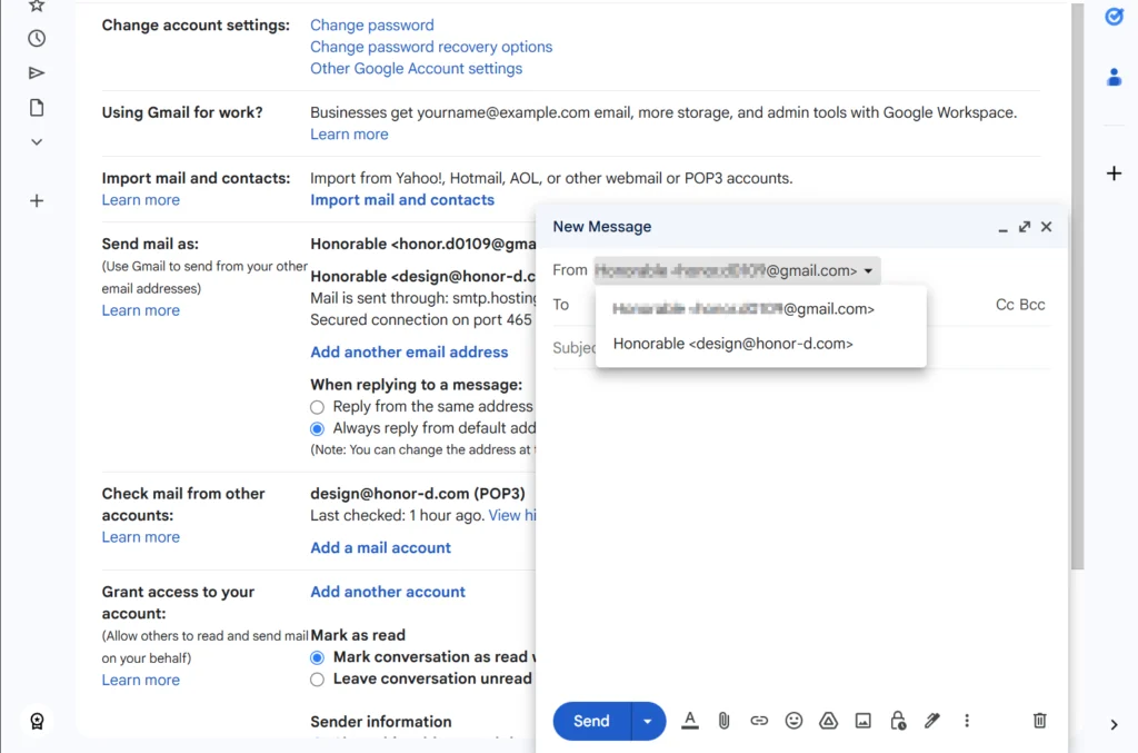 Gmail 외부 메일 연동 설정 방법 (도메인 이메일 Gmail에서 관리하기) 10 Gmail 새로 보내기에서 외부 메일 주소선택