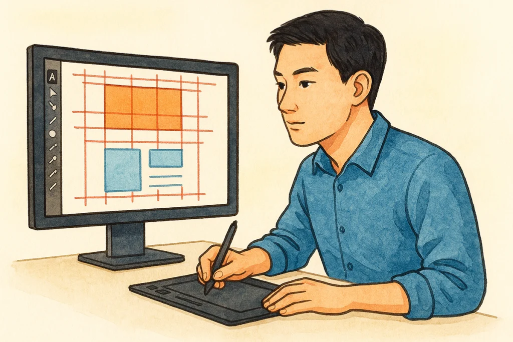 Illustrator 레이아웃 가이드 실무 활용 | 디자인의 시각적 흐름과 균형 잡기 1 Illustrator에서 레이아웃 가이드를 설정하며 작업 중인 동양인 남성 디자이너의 모습. 따뜻한 분위기에서 미소를 지으며 작업 흐름을 정리하는 장면.